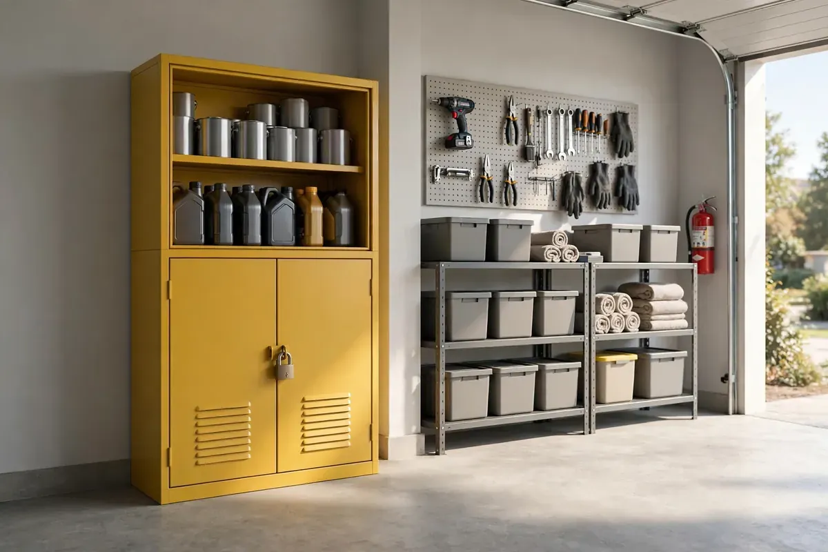 Locked metal safety cabinet holding paint cans and automotive fluids in a garage corner.