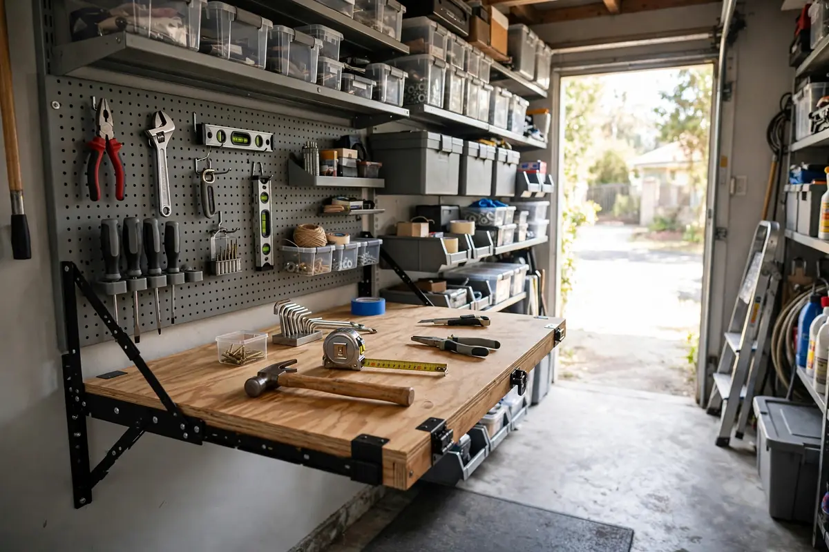 Wall-mounted fold-down workbench in a small garage, half open with tools on top