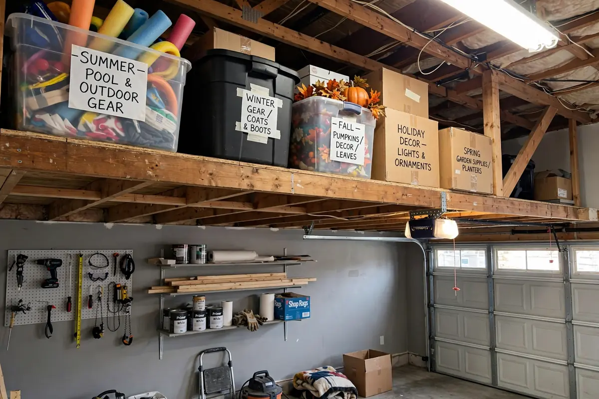 Garage ceiling loft platform holding large seasonal storage bins