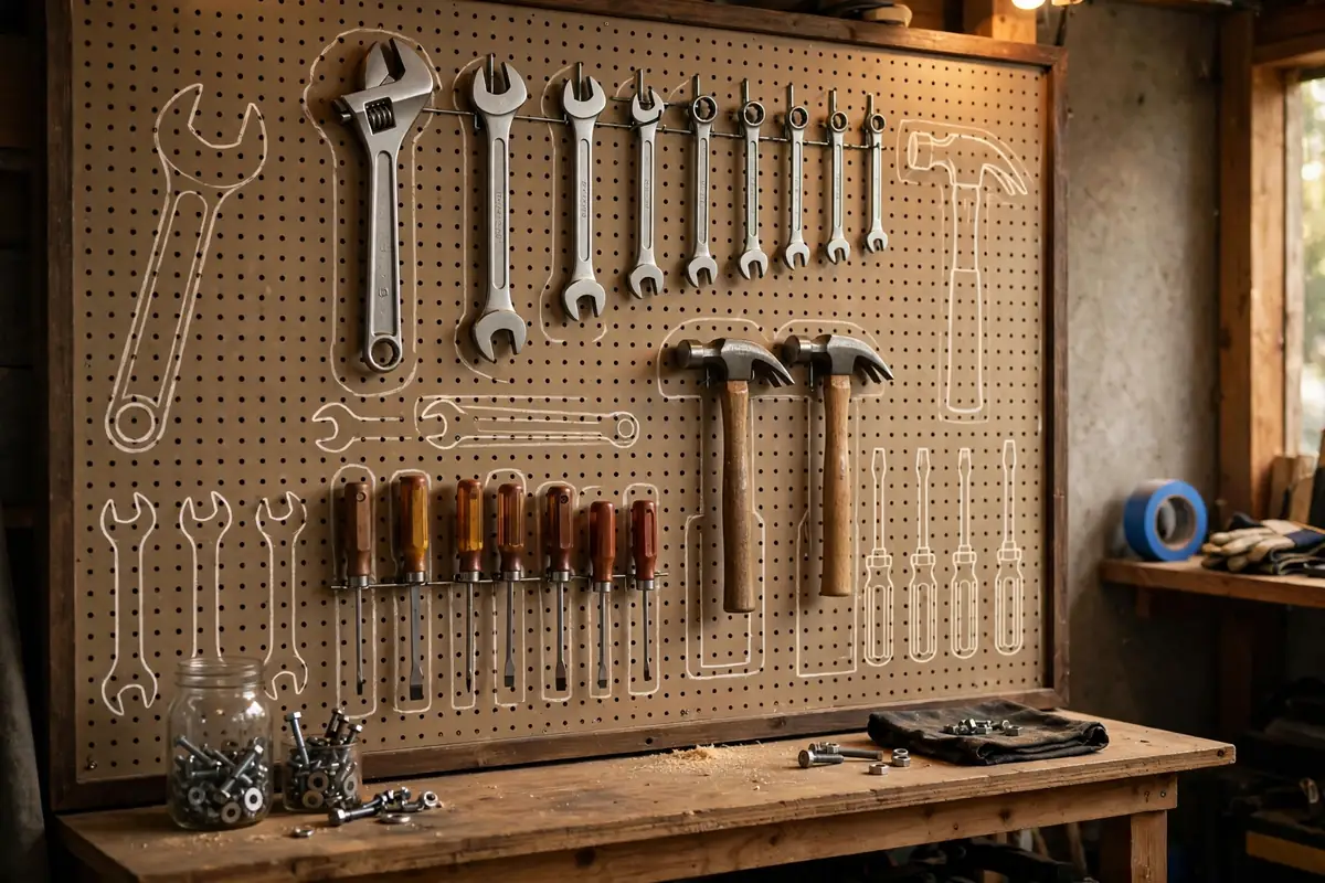 Pegboard tool wall in a garage with wrenches, hammers, and screwdrivers in neat rows