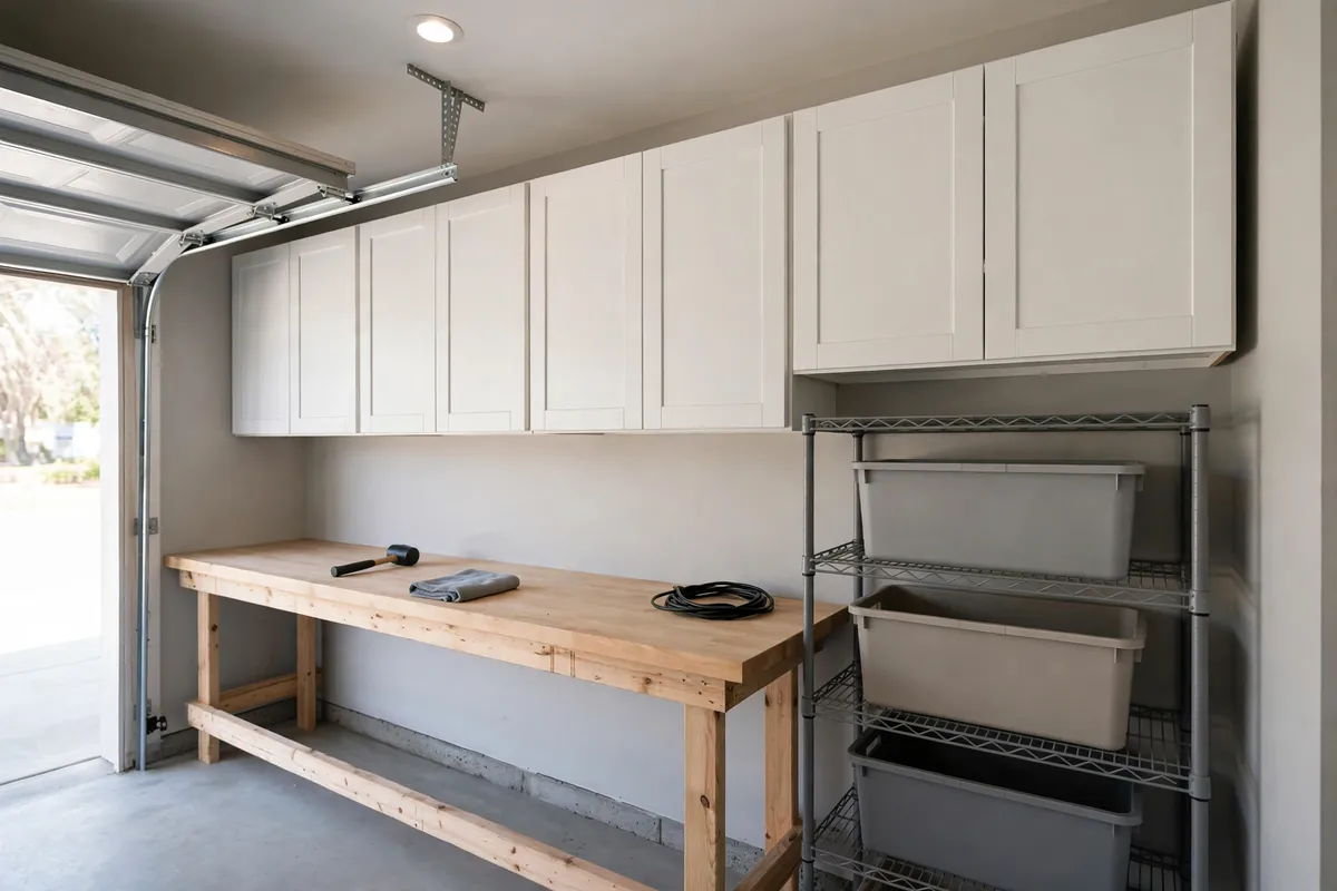 Closed wall-mounted cabinets above a workbench in an organized garage.
