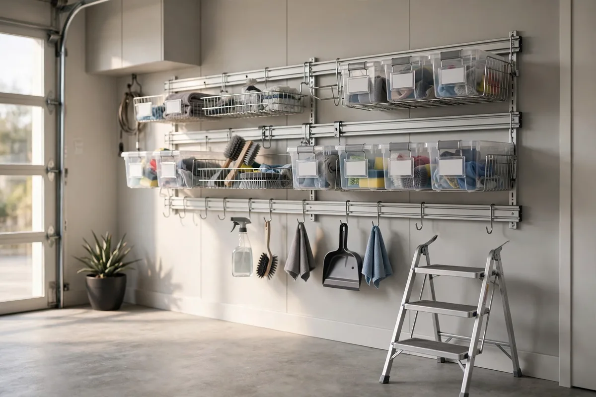 Wall-mounted rail track in a garage with baskets, labeled bins, and cleaning supplies