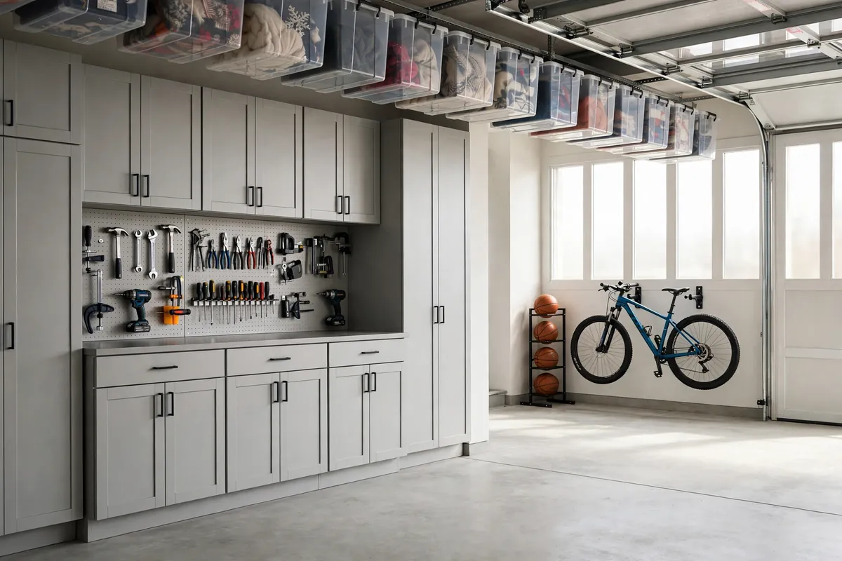 Garage divided into storage zones: tool wall, sports corner, seasonal overhead bins, garden strip, and auto shelf.