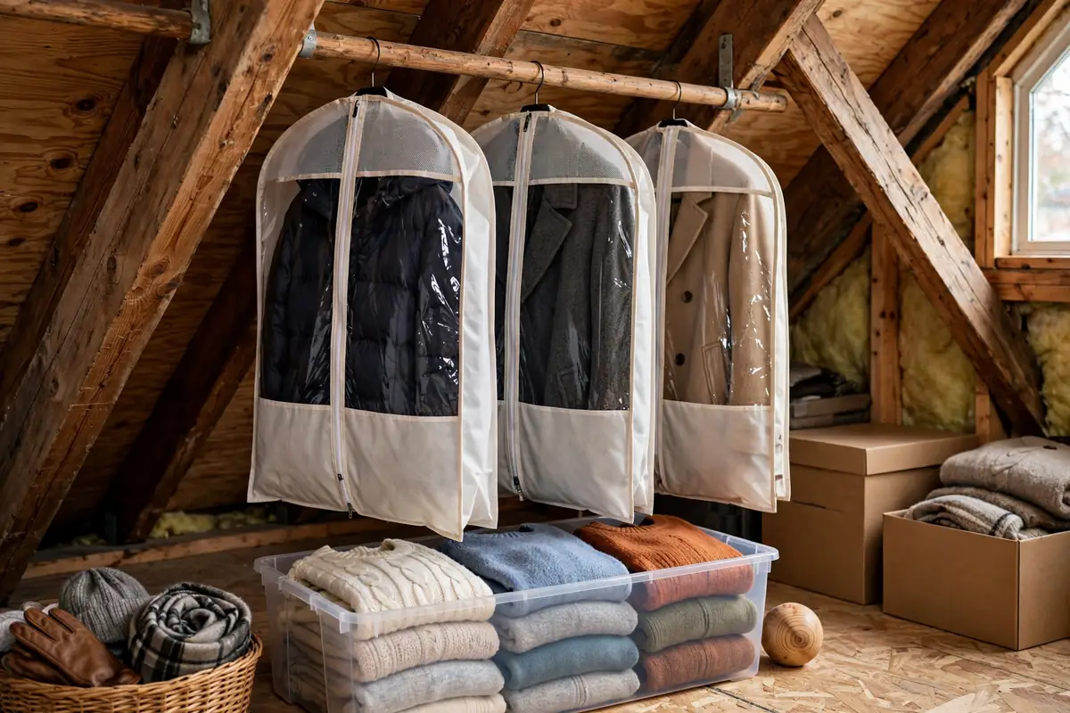 Breathable garment bags with off-season coats hanging from a rod between attic rafters.