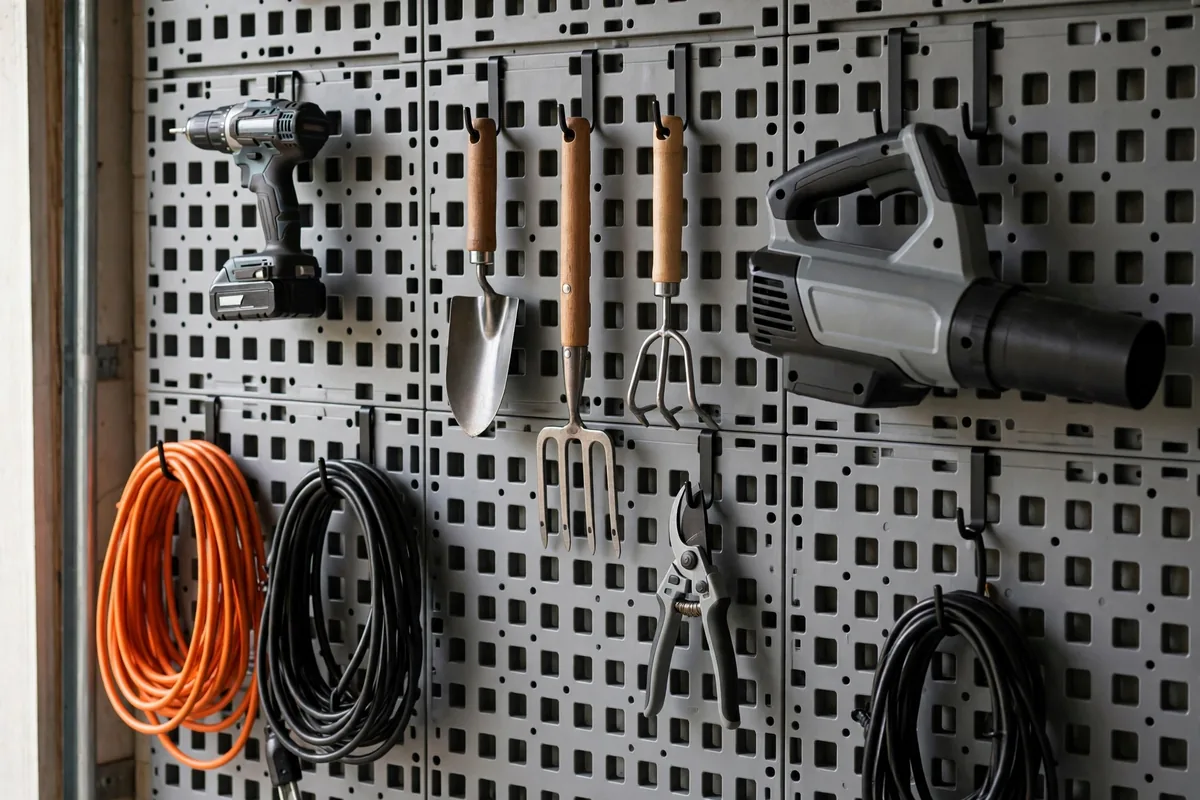 Gray modular garage wall panels with hooks holding tools and garden equipment