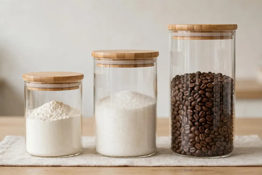 Glass airtight canisters with bamboo lids filled with flour, sugar, and coffee beans