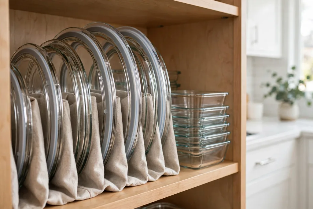Heavy glass food container lids filed vertically with soft dividers beside nested glass containers