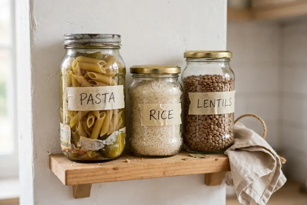 Repurposed glass jars with handwritten labels holding dry goods