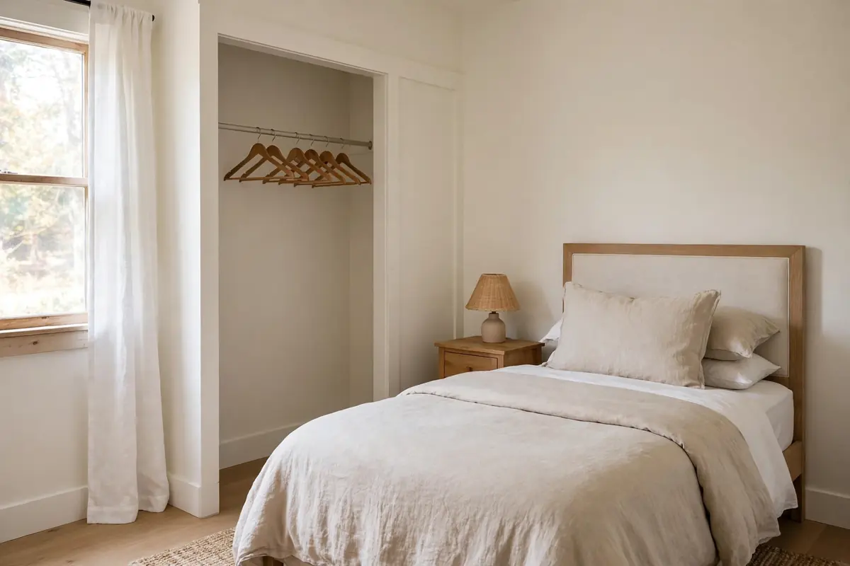 Guest bedroom cleared and ready for holiday visitors with fresh bedding