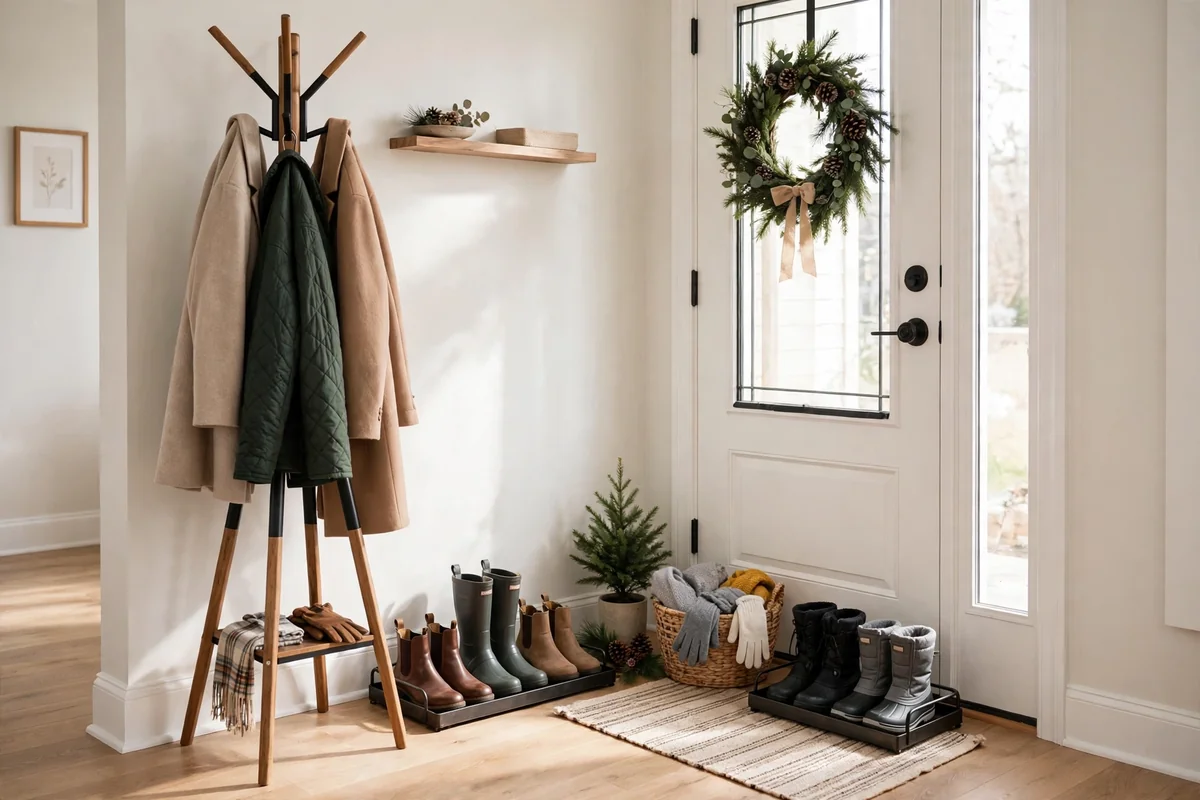 Holiday entryway with a freestanding coat rack for guests and a second boot tray by the door