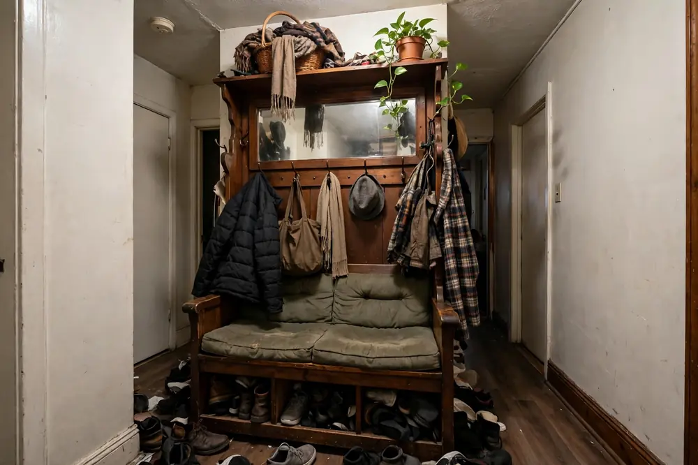 Bulky hall tree crowding a narrow hallway walkway