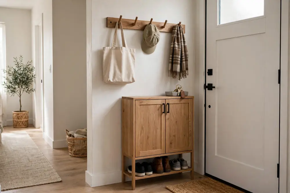 Peg rail, shoe cabinet, and key tray as the three first hallway buys
