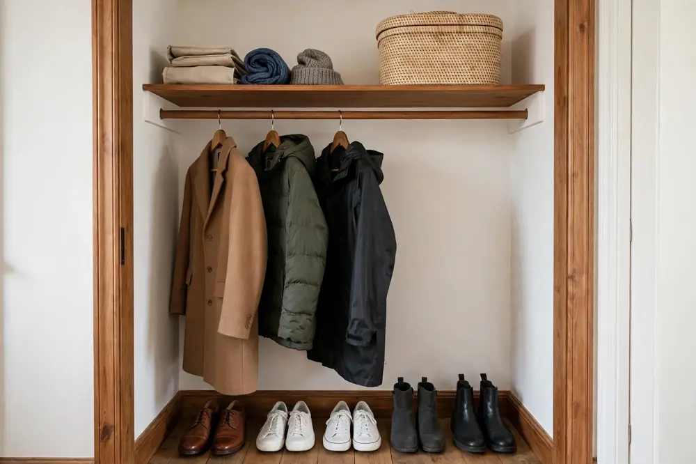 Organized hallway closet with zones and a lidded bin