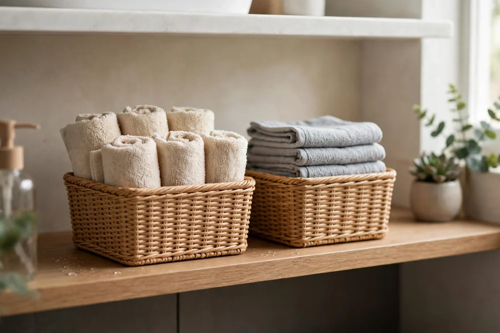 Small bins holding rolled hand towels and washcloths on a bathroom vanity shelf