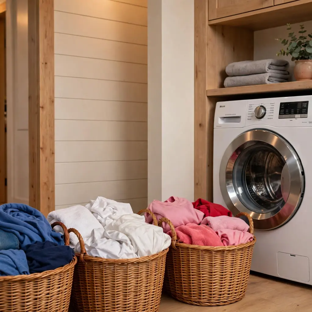 Handled storage baskets sorting laundry by color next to a washing machine