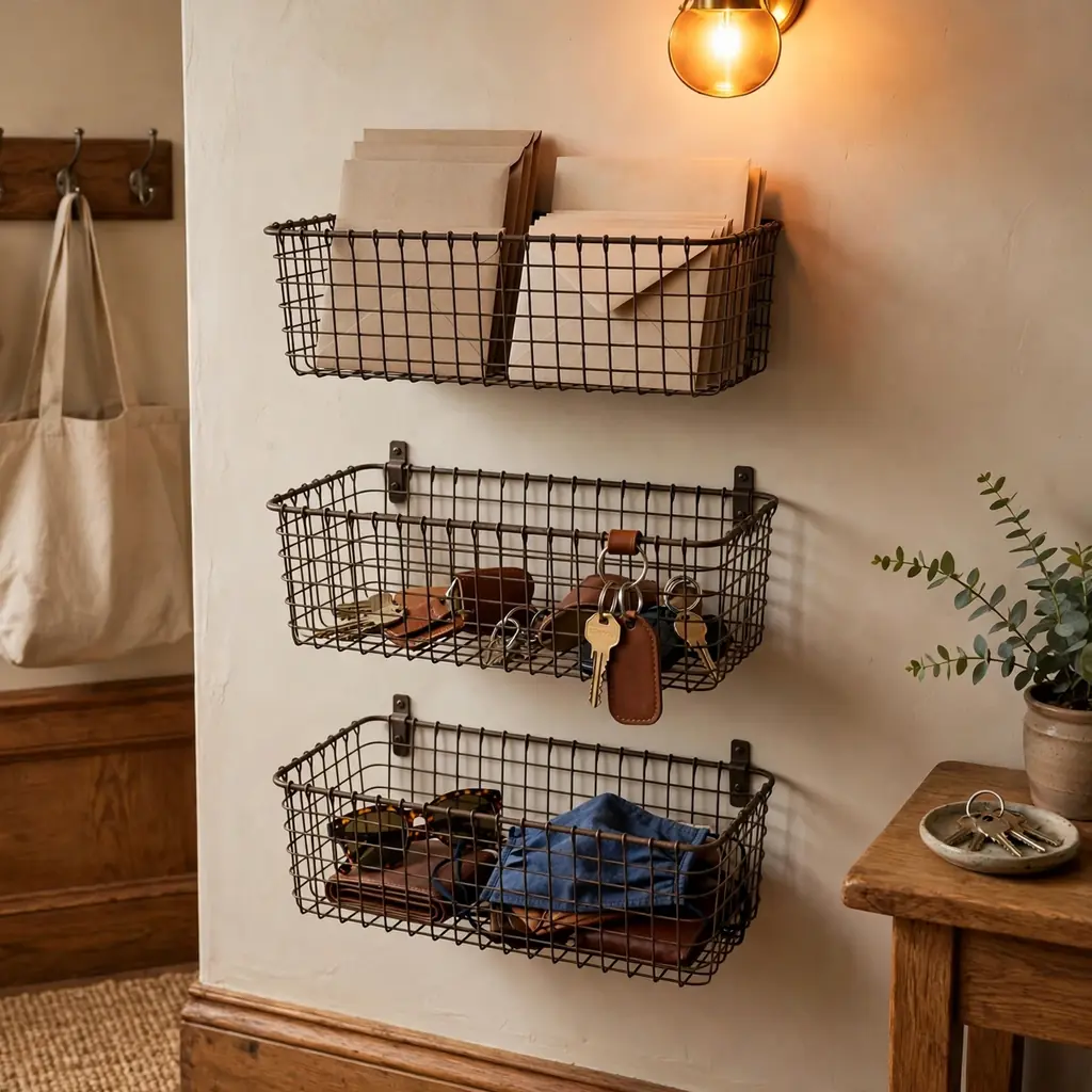 Wall-mounted wire baskets used as an entryway catch-all for mail and keys