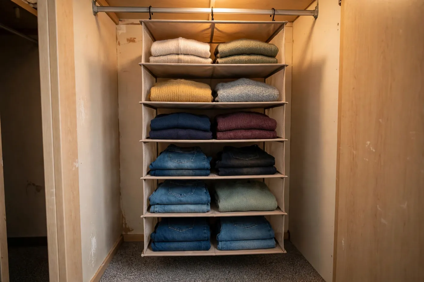 Hanging fabric closet organizer with folded sweaters in a dorm closet