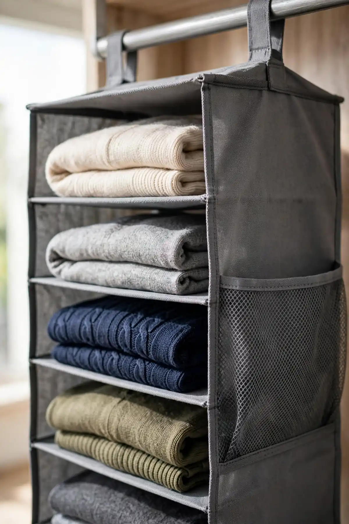 Close-up of a fabric hanging closet organizer column with folded sweaters.