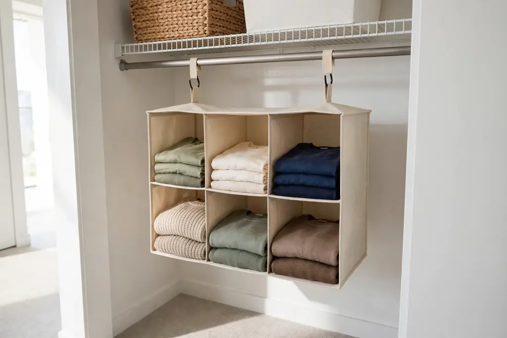 A fabric hanging shelf organizer suspended from a closet rod, with cubbies filled with neatly folded t-shirts and sweaters.