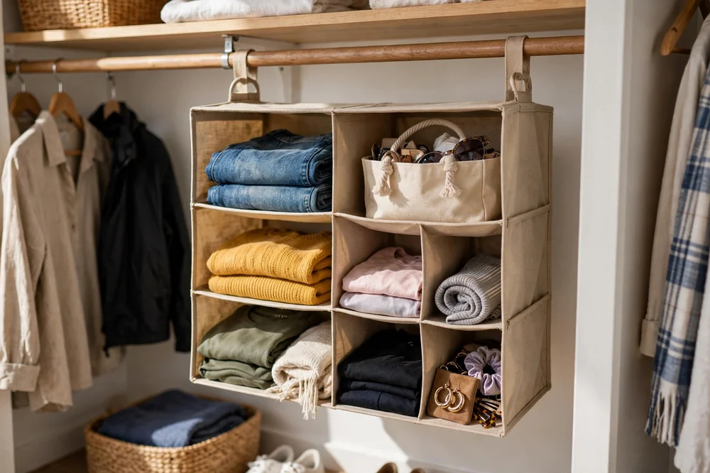 Hanging fabric shelf organizer on a closet rod with folded clothes and accessories in cubbies