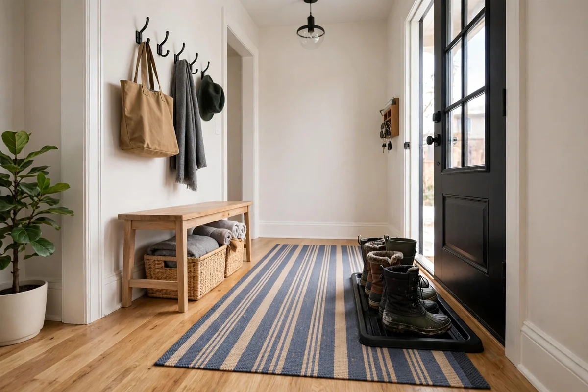 Hardwood entryway floor protected by a washable runner and a boot tray