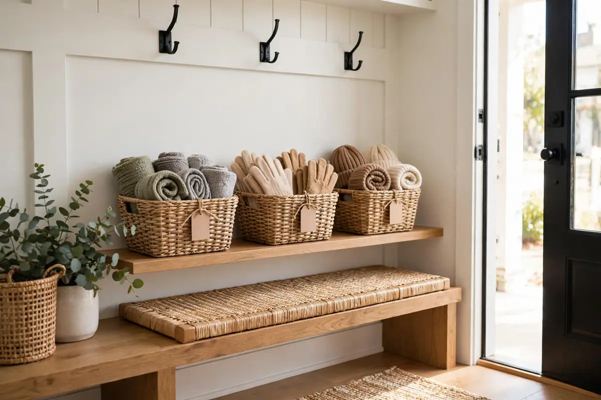 Small labeled woven baskets on an entryway shelf holding scarves, gloves, and hats