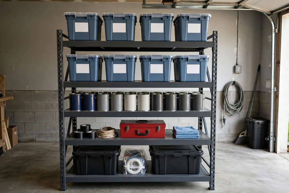 Heavy-duty steel garage shelving unit with labeled storage bins and paint cans