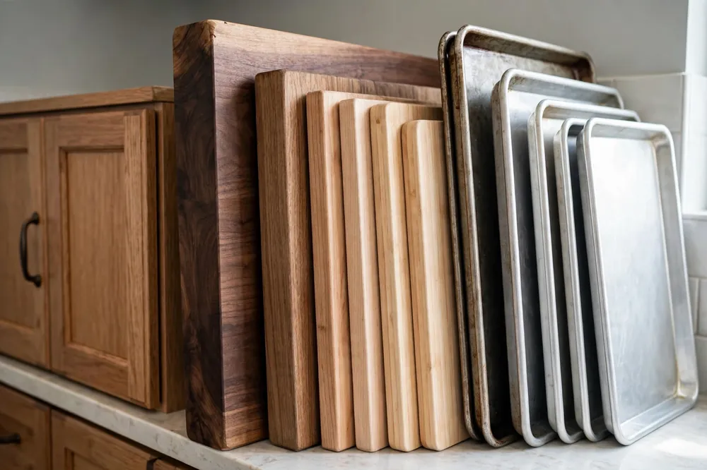 Heavy thick wood cutting boards at the end of a cabinet row beside lighter aluminum baking sheets