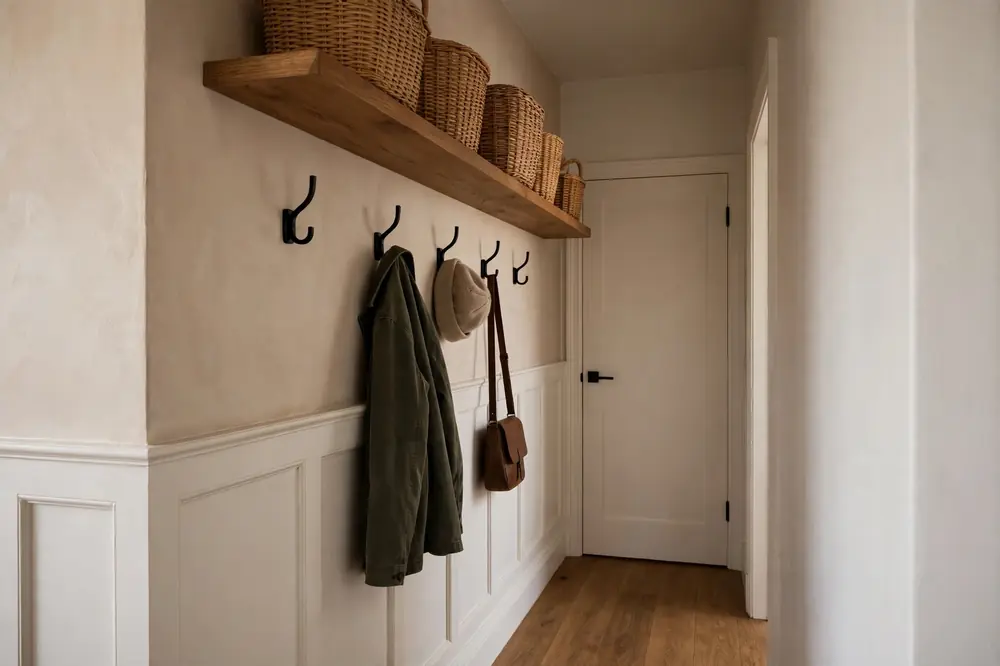 High wall shelf with baskets above coat hooks in a hallway