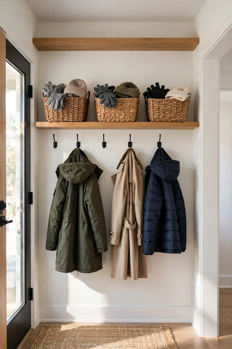 High wall shelf with woven baskets for seasonal entryway gear