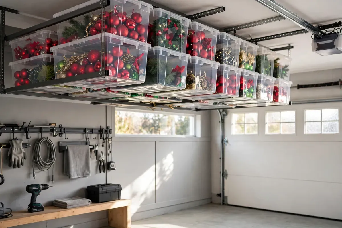 Clear bins of holiday decorations stored on overhead ceiling racks in a garage.
