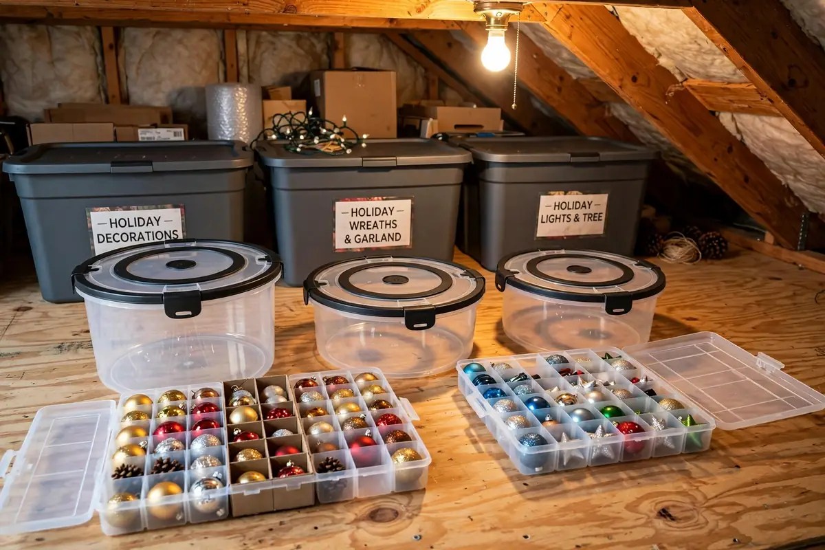 Wreath storage boxes and ornament trays arranged on attic decking.