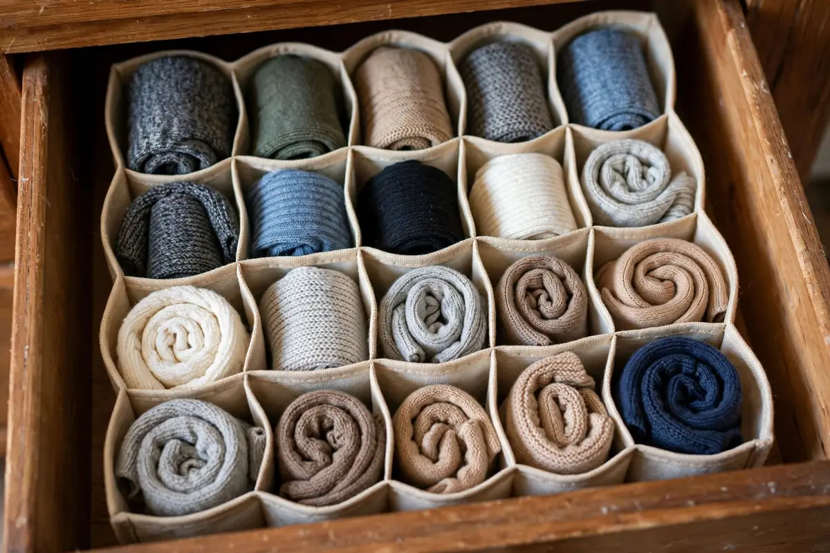 Honeycomb fabric insert organizing socks in a dresser drawer