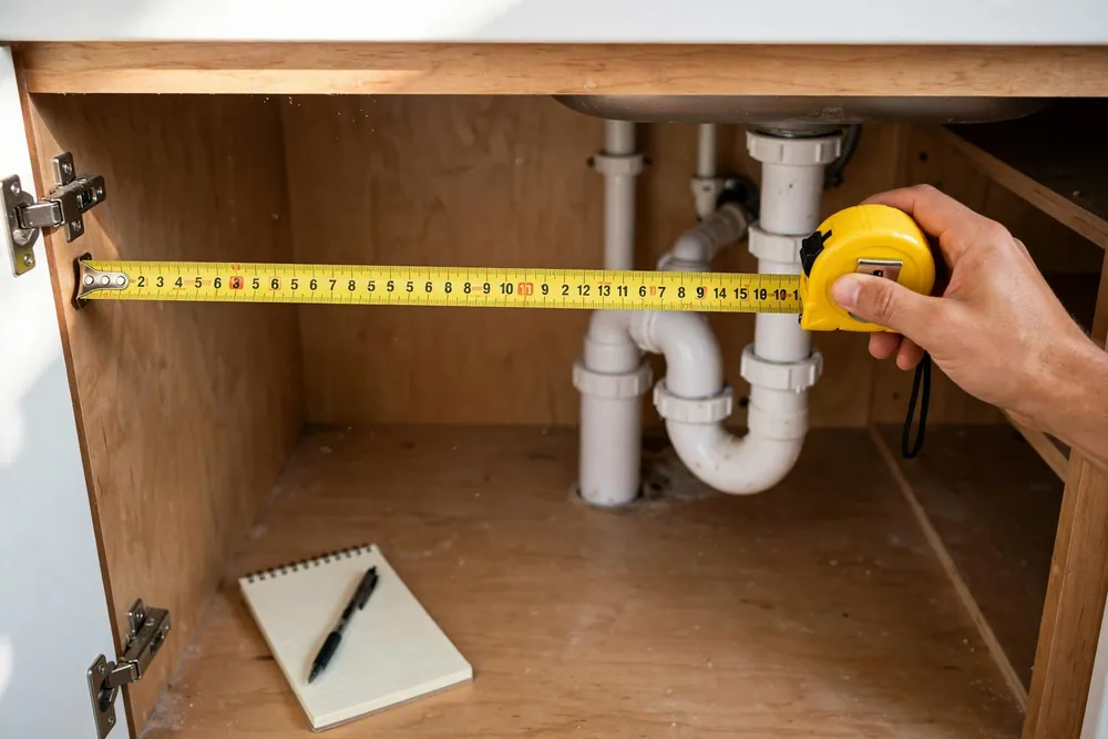 Tape measure checking the width inside an open under sink kitchen cabinet near drain pipes