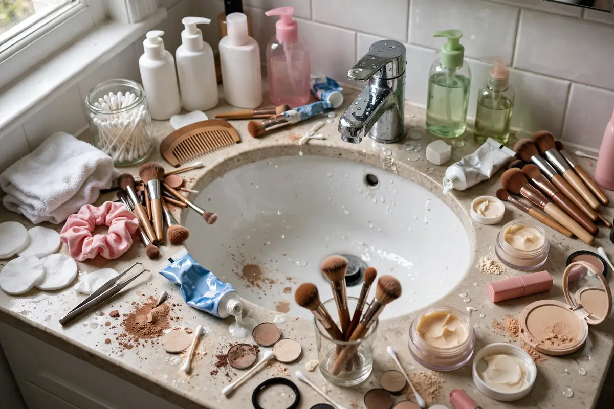 Cluttered bathroom counter covered in scattered toiletries and cosmetics before organizing