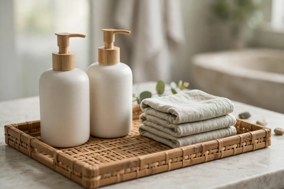 Bamboo tray on a bathroom counter corralling daily toiletries into one tidy zone