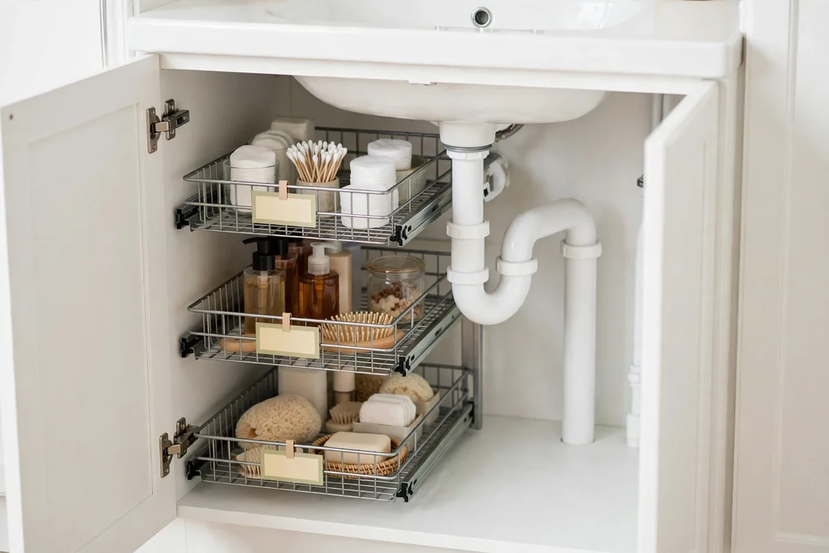 Pull-out bins organizing toiletries under a bathroom sink around the pipes