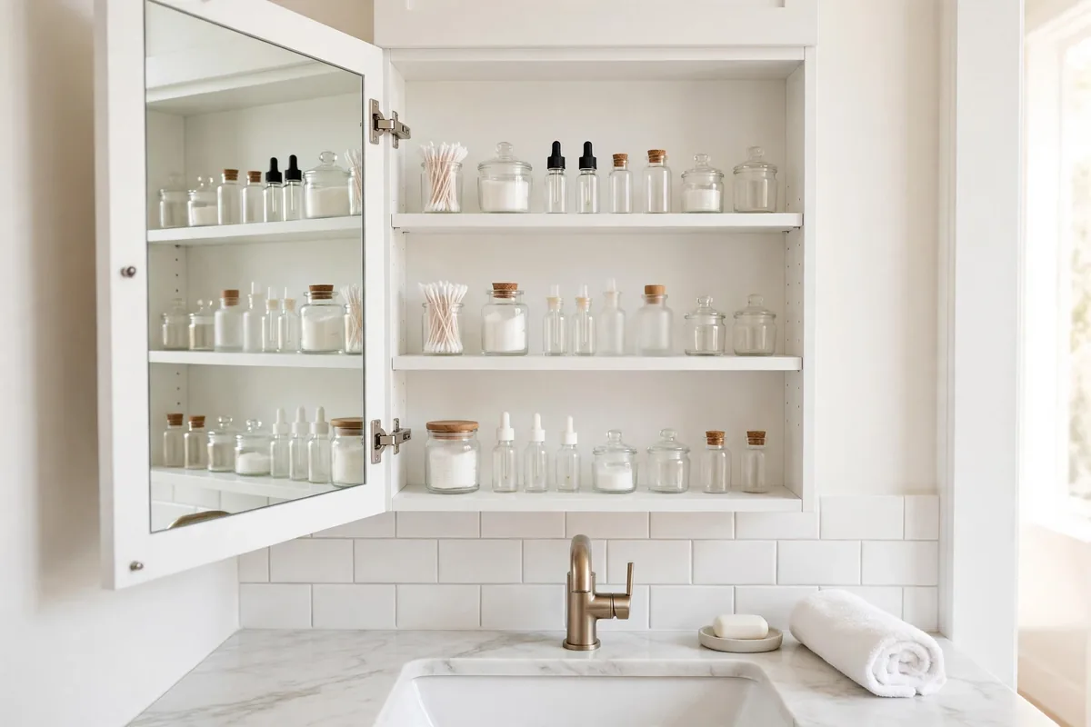 Mirrored medicine cabinet with neatly arranged shelves of daily toiletries