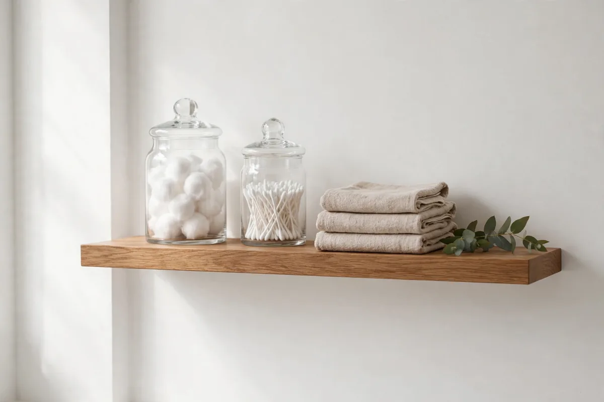 Floating shelf holding apothecary jars of cotton pads and folded washcloths