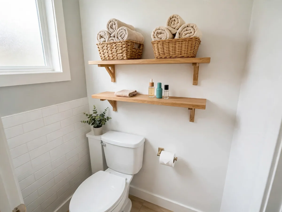 Floating shelves above a toilet holding baskets of towels and toiletries