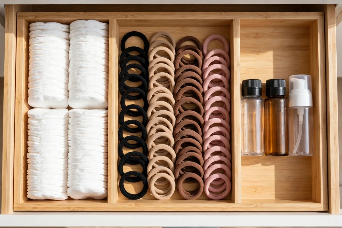 Bathroom drawer with dividers organizing small toiletries into rows