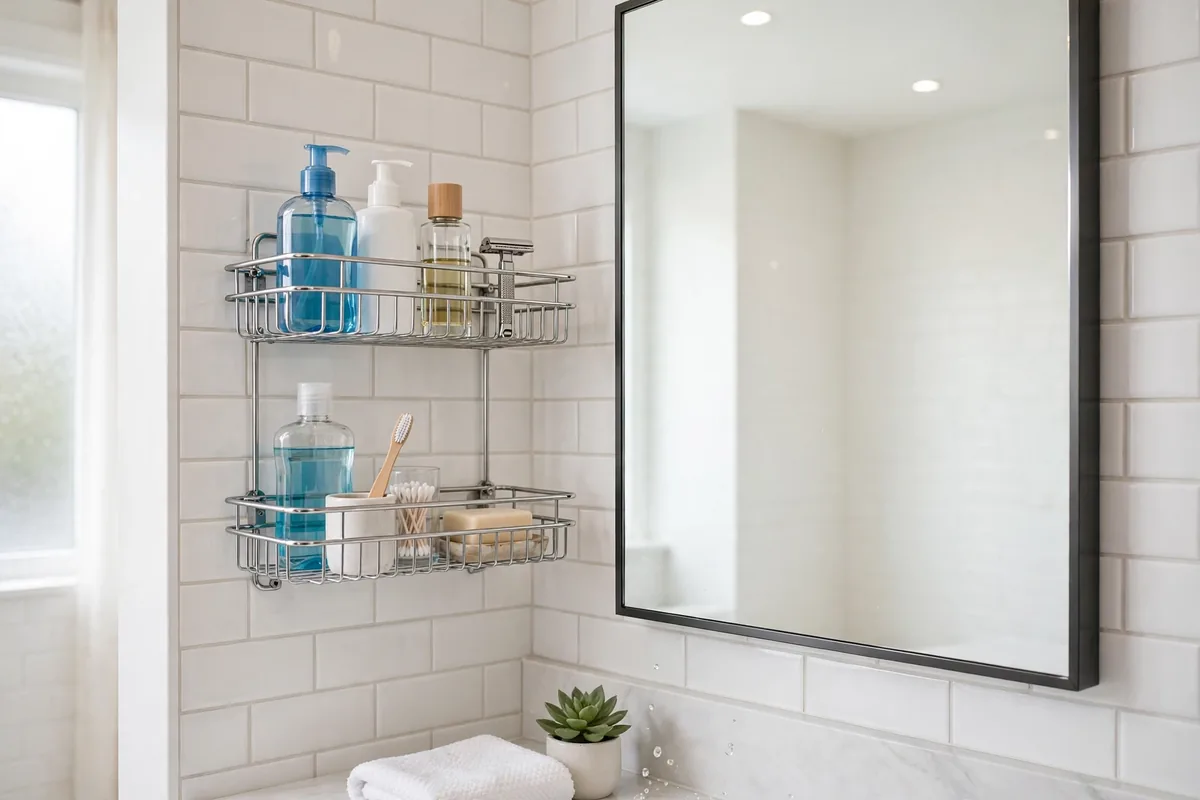 Wall-mounted two-tier caddy holding daily toiletries beside a bathroom mirror