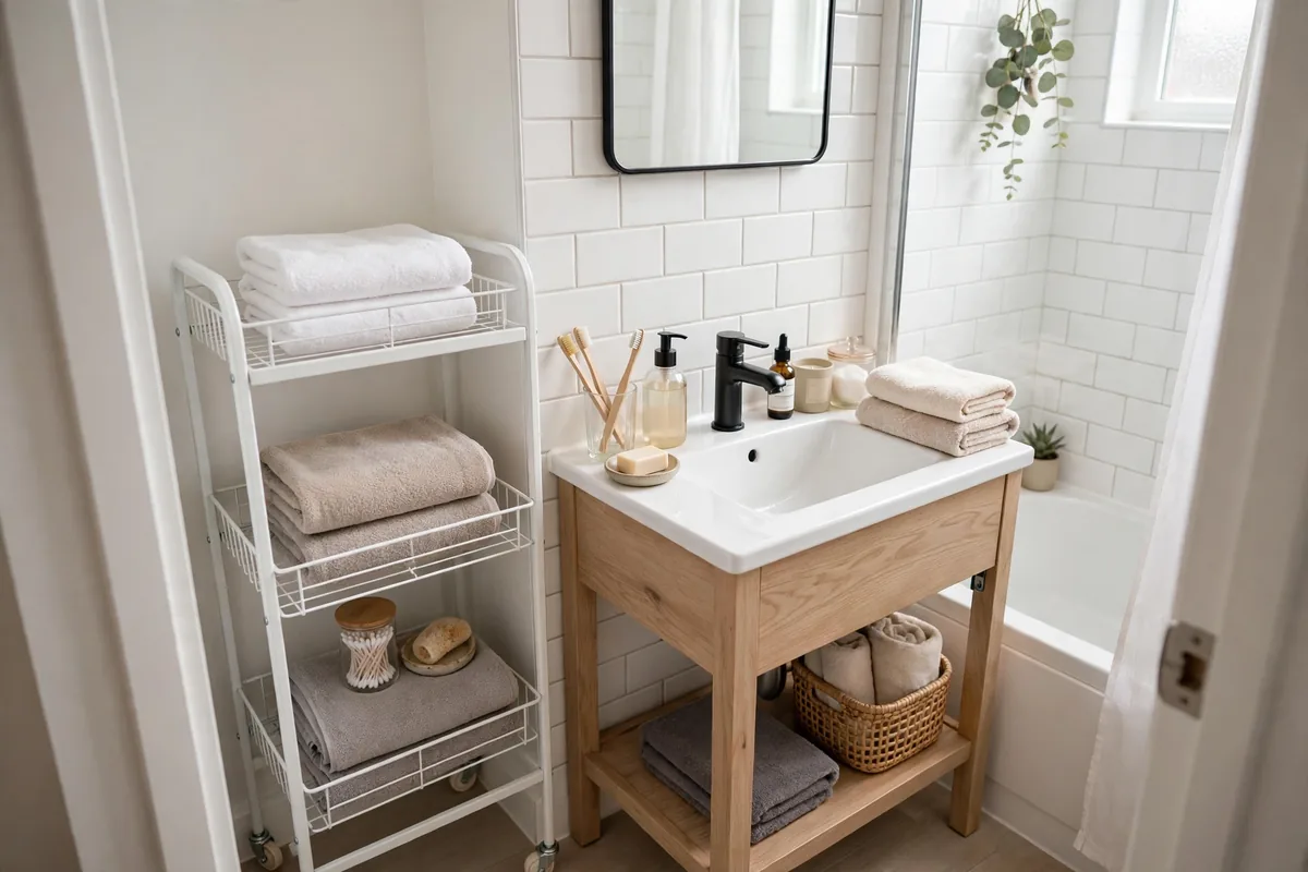 Slim three-tier rolling cart holding toiletries beside a small bathroom vanity