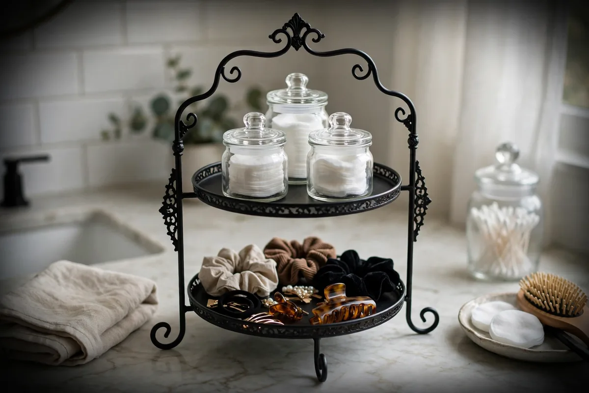 Two-tier stand on a bathroom counter holding jars of cotton pads and accessories
