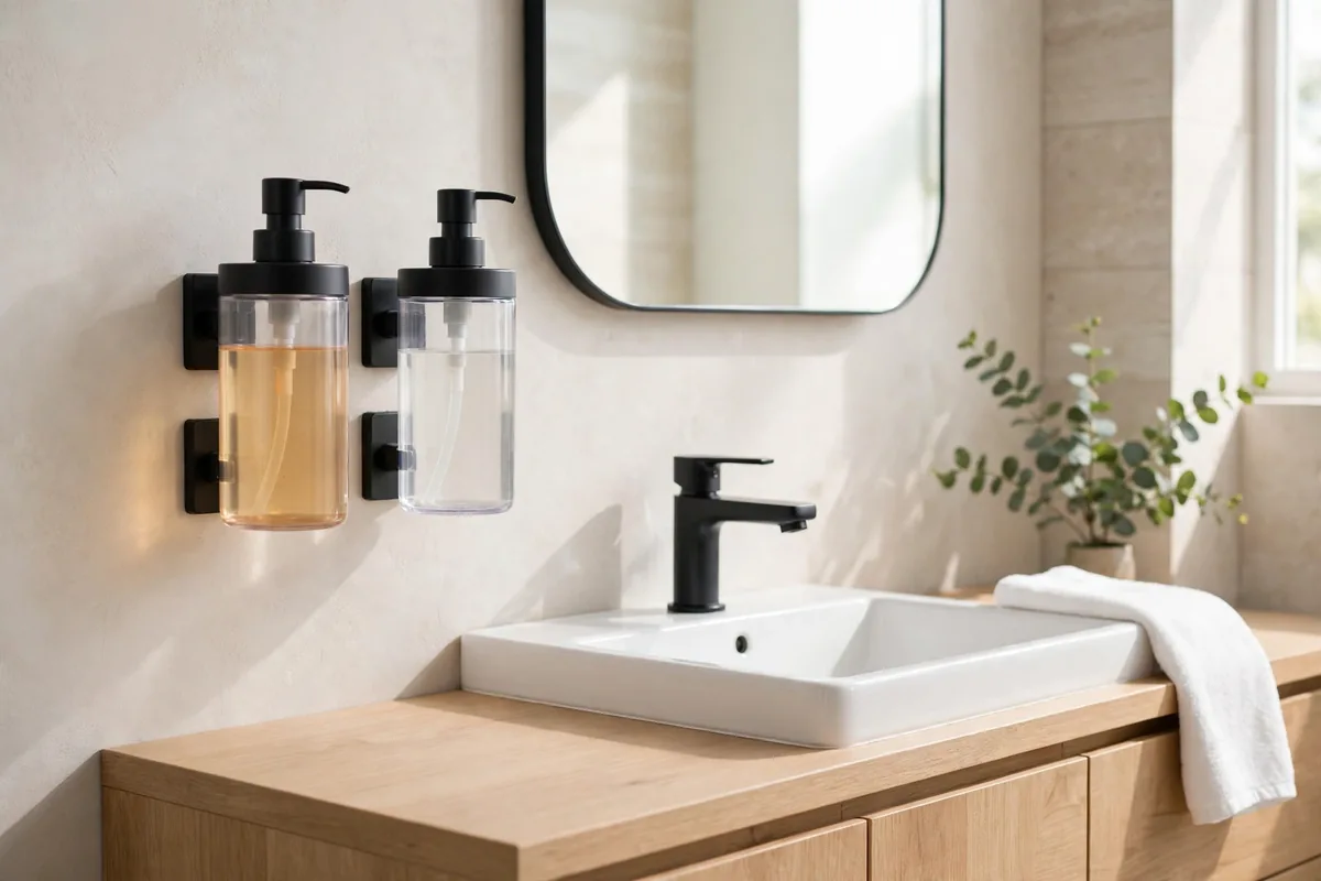 Wall-mounted refillable dispensers keeping soap and shampoo off the bathroom counter