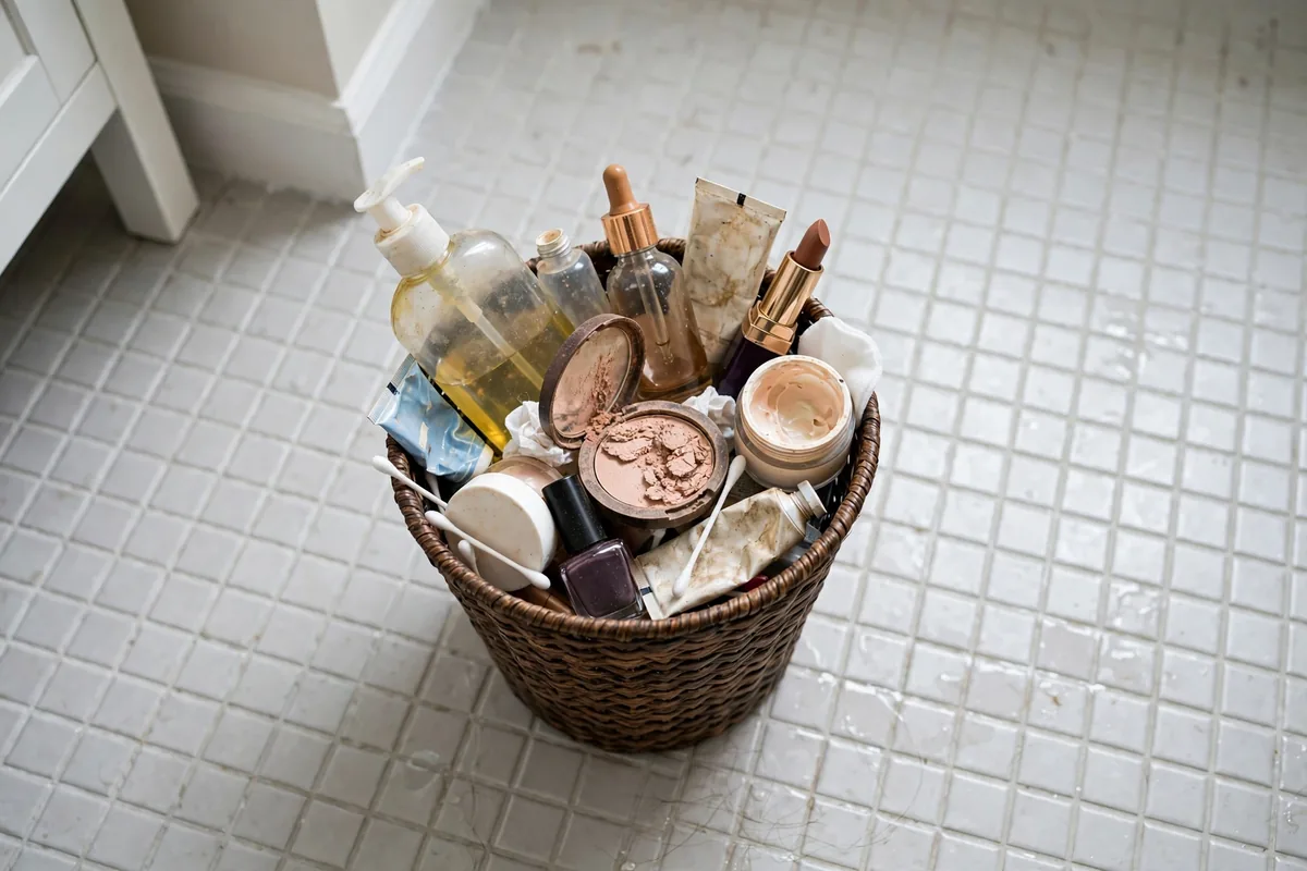 Basket of expired toiletry bottles being purged during a bathroom declutter