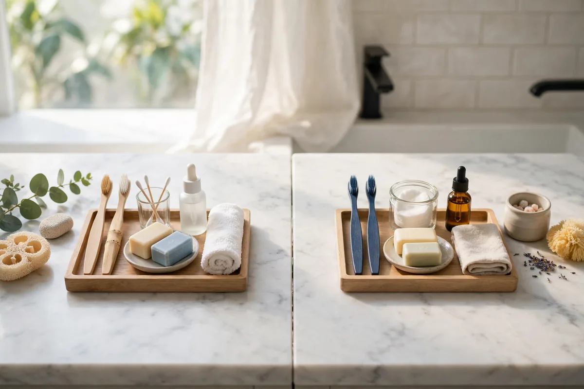 Bathroom counter split into two tidy toiletry zones for two people
