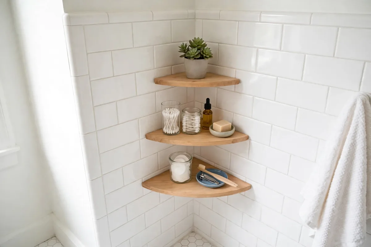 Corner shelves in a small bathroom holding toiletries and a plant
