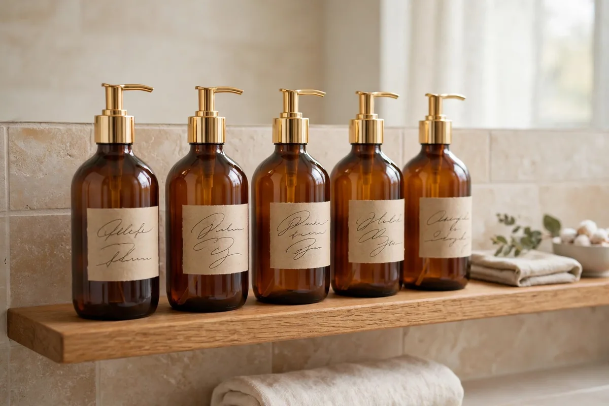 Matching amber pump bottles decanted for a calm uniform look on a bathroom shelf