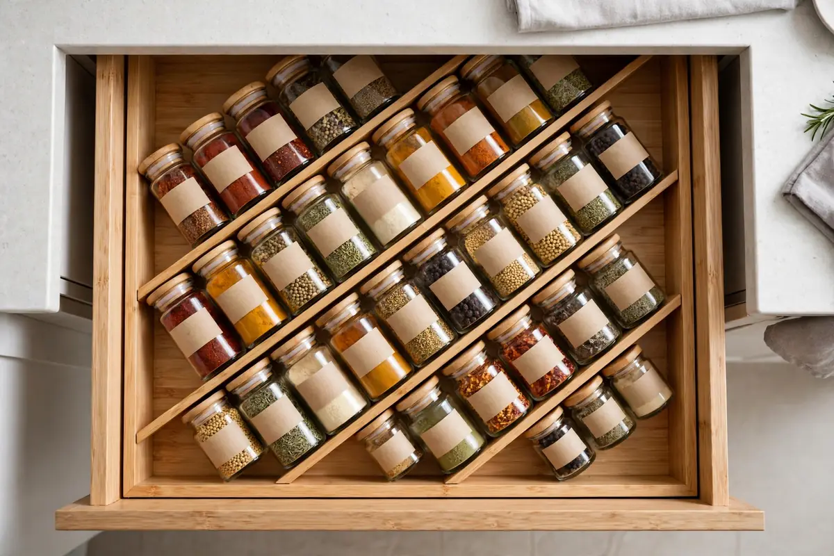 Kitchen drawer with in-drawer spice organizer holding labeled spice jars